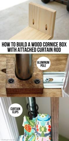 
                    
                        How to build a wood cornice box with attached curtain rod.  Tutorial at www.livelaughrowe...
                    
                