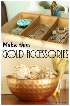 
                    
                        Grab some plastic dollar store bowls and gold spray paint to make a jewelry organizer and more! Click to see the full details!
                    
                