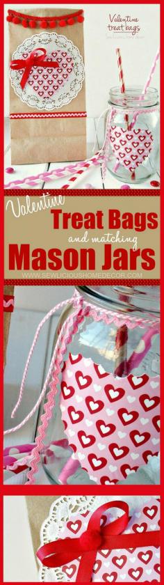 
                    
                        How To Make Valentine Treat Bags with Matching Mason Jars. This is a perfect gift idea for teachers, friends, and family!  sewlicioushomedecor
                    
                