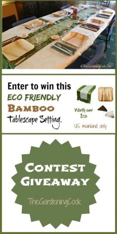 
                    
                        Win your own eco friendly tablescape setting worth over $50.  See how I used this tablescape in my Asian dinner party and also to enter the contest.  thegardeningcook....
                    
                