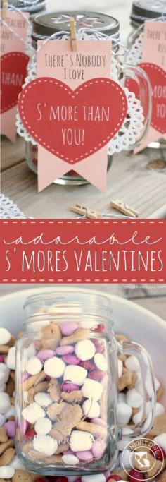 
                    
                        Adorable Smores Valentines - mason jars filled with smores snack mix and FREE printables!
                    
                