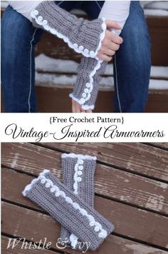 
                    
                        Free Crochet Pattern - Vintage Inspired Arm warmers. These comfy arm warmsers are cute and feminine, and have a cute button detail. {Pattern by Whistle and Ivy}
                    
                