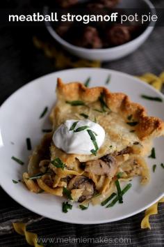 
                    
                        My Meatball Stroganoff Pot Pie is a comfort food reality.  Baked meatballs, noodles, onions and mushrooms get cozy in a thyme and yogurt sauce before being tucked between two sheets of pie crust and baked to a golden brown.  Topped with a big dollop of yogurt and a sprinkle of parsley, each slice is absolute perfection. Kitchen Daily No Yolks #onlynoyolks
                    
                