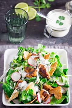 
                    
                        chicken shawarma salad - Spiced, griddled chicken served with a cool salad and a creamy, zesty dressing.
                    
                