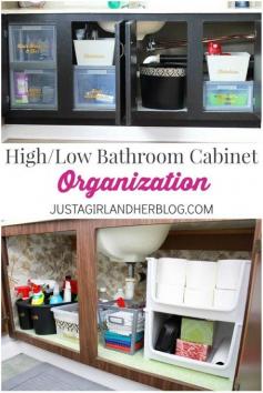 
                    
                        Love these tips for organizing the bathroom cabinets! You don't have to spend a ton of money to do it! | JustAGirlAndHerBl...
                    
                