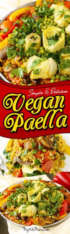 
                    
                        Vegan Paella - delicious vegan spanish rice,  flavored with saffron and smoked paprika, topped with mushrooms, artichoke hearts, red and yellow bell pepper, roma tomatoes and sweet green peas. #mushroms #artichokes #peppers #paella #spanish #vegan #saffron #onepan #delicious
                    
                