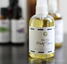 
                    
                        Learn how to make you own Dry Oil Body Spray - It is easy and leaves your skin feeling soft and silky. ~gardenmatter.com
                    
                