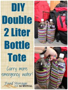 
                    
                        Increase the emergency water you can carry by making one of these simple double 2 liter bottle totes in under 30 minutes! Fully illustrated and EASY to sew!
                    
                