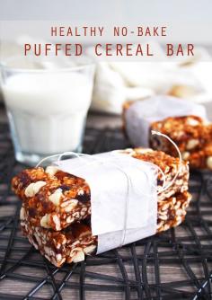 
                    
                        Healthy No-Bake Puffed Cereal Bar (granola bar) made with puffed oats, almond butter, and healthy nuts, seeds and dried fruit [Gluten Free and Vegan]
                    
                