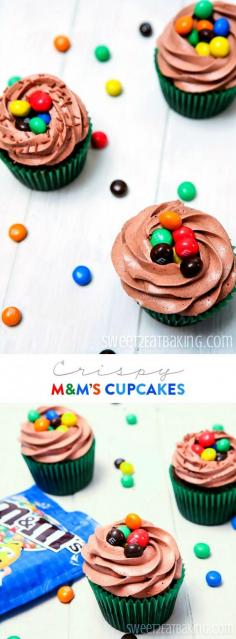 
                    
                        Crispy M&M's Cupcakes Recipe by Sweet2EatBaking.com. These cupcakes have M&Ms Crispy baked right in the batter, with a generous serving on top of each cupcake, too.
                    
                