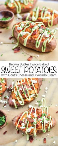 
                    
                        Brown Butter Twice Baked Sweet Potatoes with Goat's Cheese and Avocado Cream recipe is perfect Easter brunch or dinner! | www.cookingandbee...
                    
                