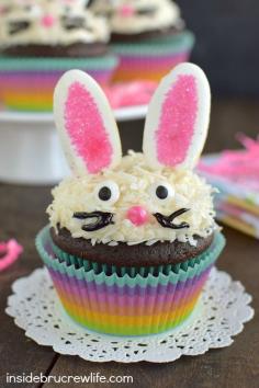 
                    
                        This easy to make bunny face makes these chocolate coconut cupcakes an adorable treat for Easter.
                    
                
