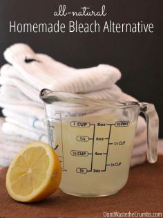 
                    
                        Super simple recipe for homemade bleach alternative recipe that uses all natural ingredients found in your home. The best part - it costs 1/3 less than store-bought and works great! :: DontWastetheCrumb...
                    
                
