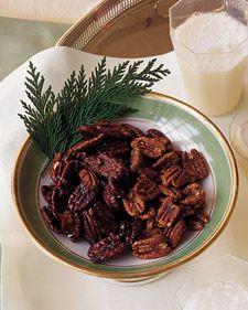 
                    
                        Appetizer #2 ~ Martha Stewart Spicy Pecans:  Ingredients:    1 tablespoon coarse salt  2 tablespoons cayenne pepper  1 1/2 teaspoons paprika  1/2 cup sugar  2 large egg whites  5 cups (20 ounces) pecans
                    
                
