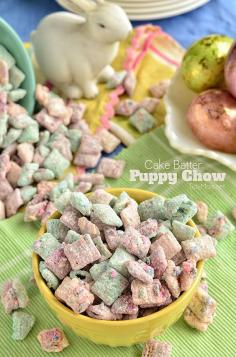 
                    
                        Cake Batter Puppy Chow" snack mix recipe at TidyMom.net
                    
                
