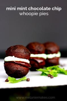 
                    
                        A rich chocolate ganache and cool mint chocolate chip cream are sandwiched between two dark chocolate cakes.  These Mini Mint Chocolate Chip Whoopie Pies are the perfect bite sized treats for St. Patrick’s Day or any day of the year.
                    
                