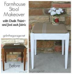 
                    
                        See how a plain Goodwill stool was given a vintage farmhouse makeover.  girlinthegarage.net
                    
                