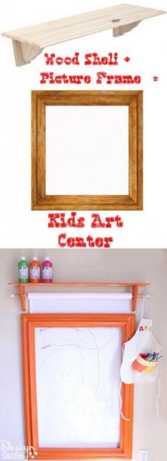 
                    
                        DIY Art Center! Old picture frame, shelf, and a paper roller! Endless art canvas for my little Picasso!
                    
                