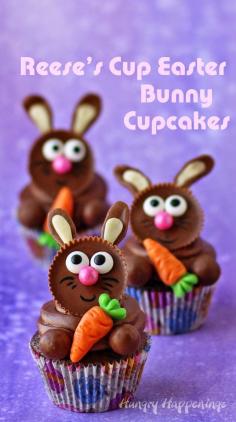 
                    
                        Top store bought or homemade cupcakes with Reese's Cups to make these adorable Reese's Cup Easter Bunny Cupcakes. Tutorial at HungryHappenings.com
                    
                