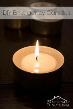 
                    
                        Fill empty tin cans with candle wax and a wick to make quick and easy emergency candles! Great addition to your emergency kit in case of blackouts!
                    
                