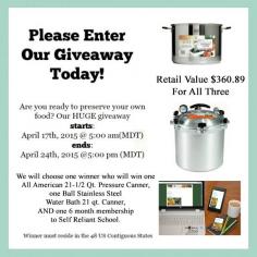 
                    
                        ALL AMERICAN CANNER GIVEAWAY @ MOMWITHAPREP.COM! Win both an All American 21QT Pressure Canner + Ball Stainless Steel Water Bath Canner + 6 Month Membership to the Self Reliant School. Click for more details.
                    
                