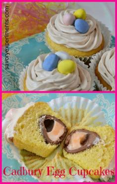 
                    
                        Cadbury Egg Cupcakes- your favorite creme egg in a cupcake! | #cadburyegg | www.savoryexperim...
                    
                