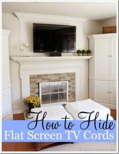 
                    
                        No power tools, drilling holes, or contractor needed. Easy trick on how to hide the cords on a wall mounted flat screen TV over a mantel. | In My Own Style
                    
                