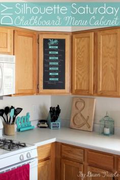 
                    
                        Silhouette Saturday! DIY Chalkboard Menu Cabinet. This renter-friendly project is super easy and helps you keep organized with a cute, weekly meal plan! bydawnnicole.com
                    
                