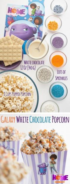 
                    
                        Make fun white chocolate popcorn to view the movie Home. Sponsored by DreamWorks.
                    
                