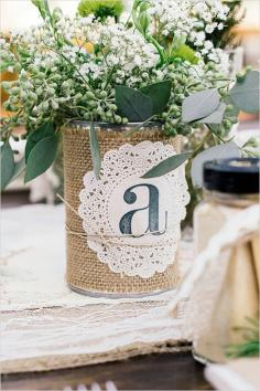 
                    
                        can with burlap and doillie with monogram #burlap #diywedding #weddingchicks www.weddingchicks...
                    
                