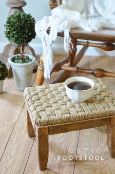 
                    
                        Dress up an old foot stool using some jute twine to upholster the seat.  |  anderson + grant
                    
                