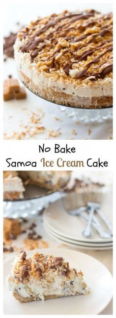 
                    
                        A sweet samoa ice cream cake that tastes just like the real thing. Chocolate ganache, toasted coconut, and vanilla ice cream make up this easy no bake treat.
                    
                