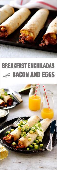 
                    
                        Bacon and Egg Breakfast Enchiladas - bacon and eggs with Mexican tomato beans and cheese wrapped in a tortilla then baked until crispy. What a way to start a day!
                    
                