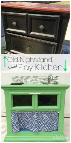 
                    
                        Turn an old nightstand into a new play kitchen for the kids!  Sturdier and cheaper than anything you can find at a store.
                    
                