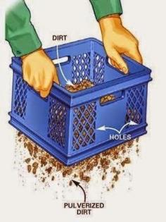 
                    
                        DIY Tip of the Day: Handy soil sifter. A large milk-crate container with a grid bottom makes a great soil sifter. Weeds, roots and rocks stay in the crate!
                    
                