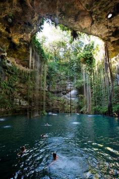 
                    
                        Sagrado Cenote Azul, Cancun.   Eerily beautiful. The water is deep and black. The vines growing above, fall down nearly to the water and you can reach out and touch them. We jumped in from a rock wall and swam around. I had goosebumps the whole time! It was a very spiritual place.
                    
                