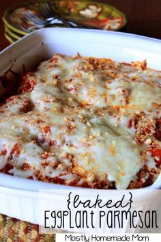 
                    
                        Baked Eggplant Parmesan - Breaded eggplant slices layered with cheese an an amazing homemade skillet tomato sauce!
                    
                