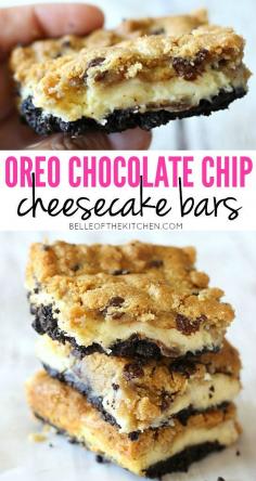 
                    
                        A layer of chocolate chip cookies followed by a cheesecake filling, all on top of a buttery Oreo crust. These are sinfully good!
                    
                