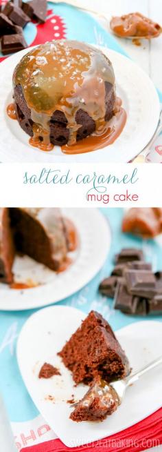 
                    
                        Chocolate Salted Caramel Mug Cake Recipe by Sweet2EatBaking.com - A rich chocolate cake made with dark chocolate with dollops of salted caramel in the batter, then drizzled with more salted caramel on top
                    
                