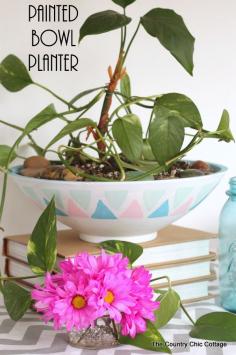 
                    
                        Painted Bowl Planter -- transform a thrift store bowl into a great alternative for your indoor or outdoor plants.  This is stamped with a potato!!  Unbelievable!
                    
                