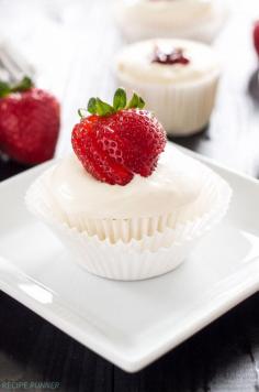 
                    
                        Strawberry Filled Angel Food Cupcakes | Angel food cupcakes filled with strawberry jam and topped with vanilla whipped cream-cream cheese frosting!
                    
                