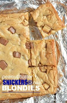 
                    
                        Peanut Butter Snickers Bar Blondies are thick and chewy brown butter blondies loaded with Peanut Butter Snickers pieces outside and in.
                    
                