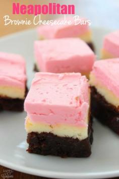 
                    
                        Neapolitan Look Brownie Cheesecake Bars - These cheesecake bars are creamy, sweet and delicious. They have a brownie crust and are super kid friendly.
                    
                