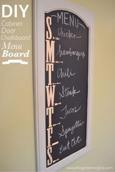 
                    
                        DIY Cabinet Door Chalk Menu Board #chalkboard #DIY #menu #sign #chalkboardmenu #craftblog #letters #diyblog #cabinetdoor #repurpose www.letsglitteran...
                    
                