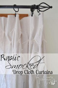 
                    
                        Need curtains that good great but inexpensive?  Here's an easy how to make Rustic Smocked Drop Cloth Curtains. I made 6 panels and a shower curtain for $50! - Country Design Style
                    
                