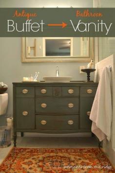 
                    
                        How to convert a buffet into a bathroom vanity. Great transformation! Postcards from the Ridge
                    
                