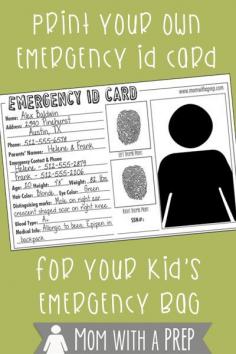 
                    
                        Do you have emergency ID cards with pertinent information about your children for them to carry in their school emergency kits, your emergency bags or even their pockets when on a field trip? Check out this free printable from Mom with a PREP.
                    
                