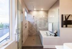 
                    
                        Contemporary Master Bathroom with Master bathroom, High ceiling, Limestone counters, limestone tile floors, Vessel sink
                    
                