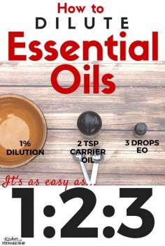 
                    
                        How to Dilute Essential Oils for Topical Applications - just remember it's as easy as 1-2-3. Free printable chart with all the drops and teaspoons for babies, toddlers, children and adults! It's important to dilute essential oils on the skin with a carrier oil like coconut oil (for almost all oils; very few can be applied neat). Learn how!
                    
                