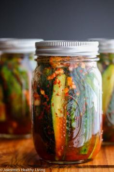 
                    
                        Spicy Korean Cucumber Kimchi Refrigerator Pickles by jeanetteshealthyliving: Spicy and a little sour, these pickles are easy to make - Leave them out on the counter to ferment for one day, then refrigerate them. #Pickles #Kimchi
                    
                